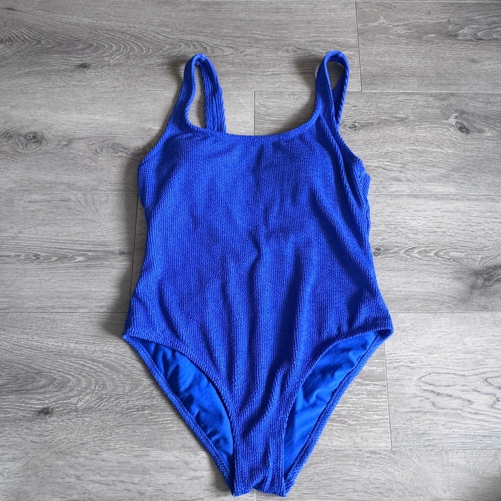 Shade & Shore Blue Textured One Piece Swimsuit Size L 12-14 Scoop Back Cutout